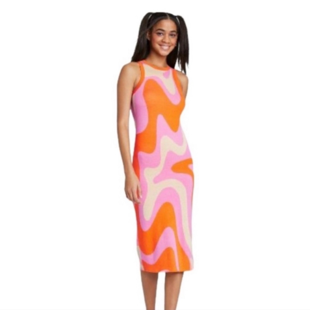 Wild Fable PINK AND ORANGE MIDI DRESS Sz L